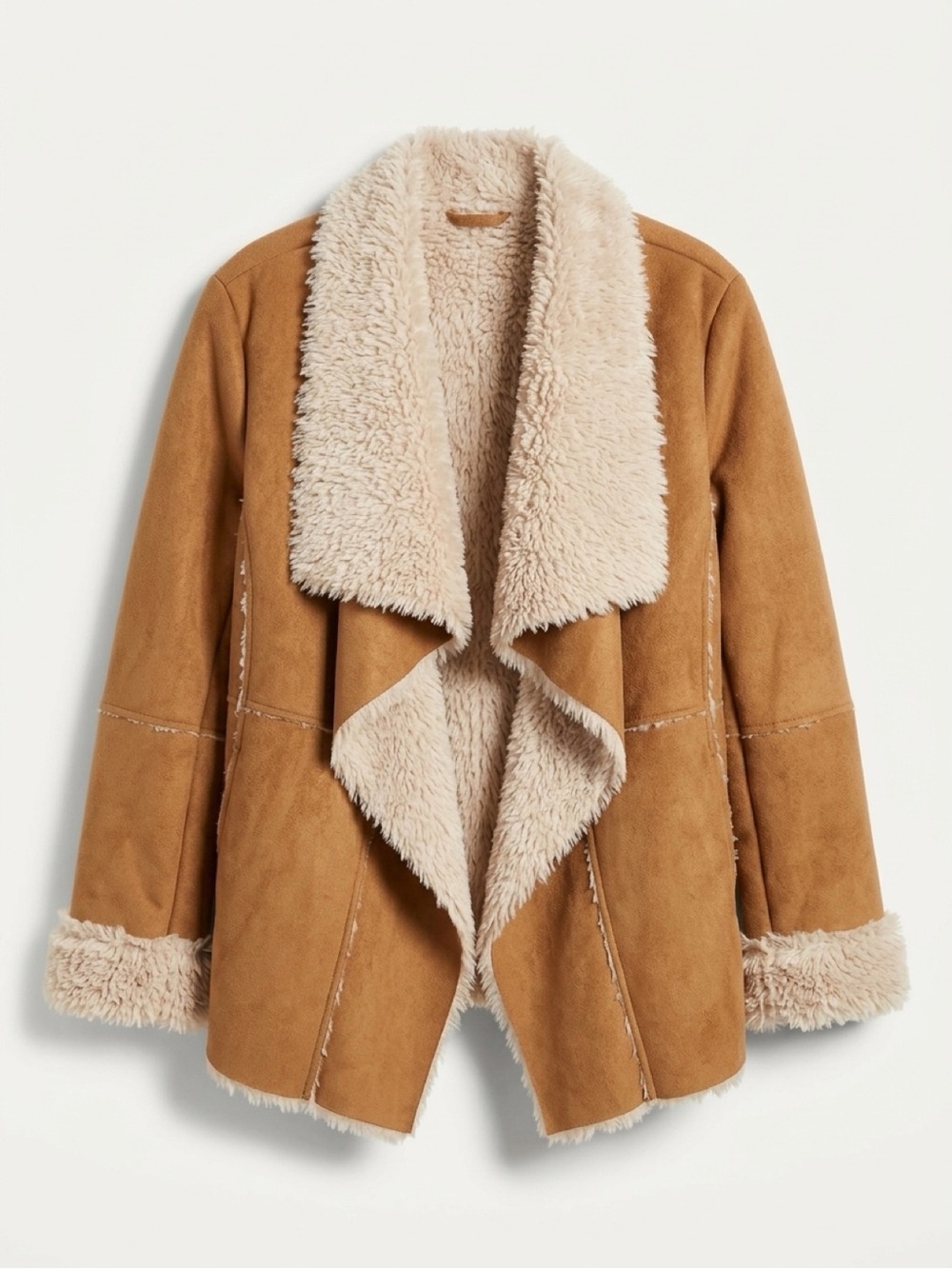 CoffeeShop Camel Brown Faux Shearling Open-Front Jacket